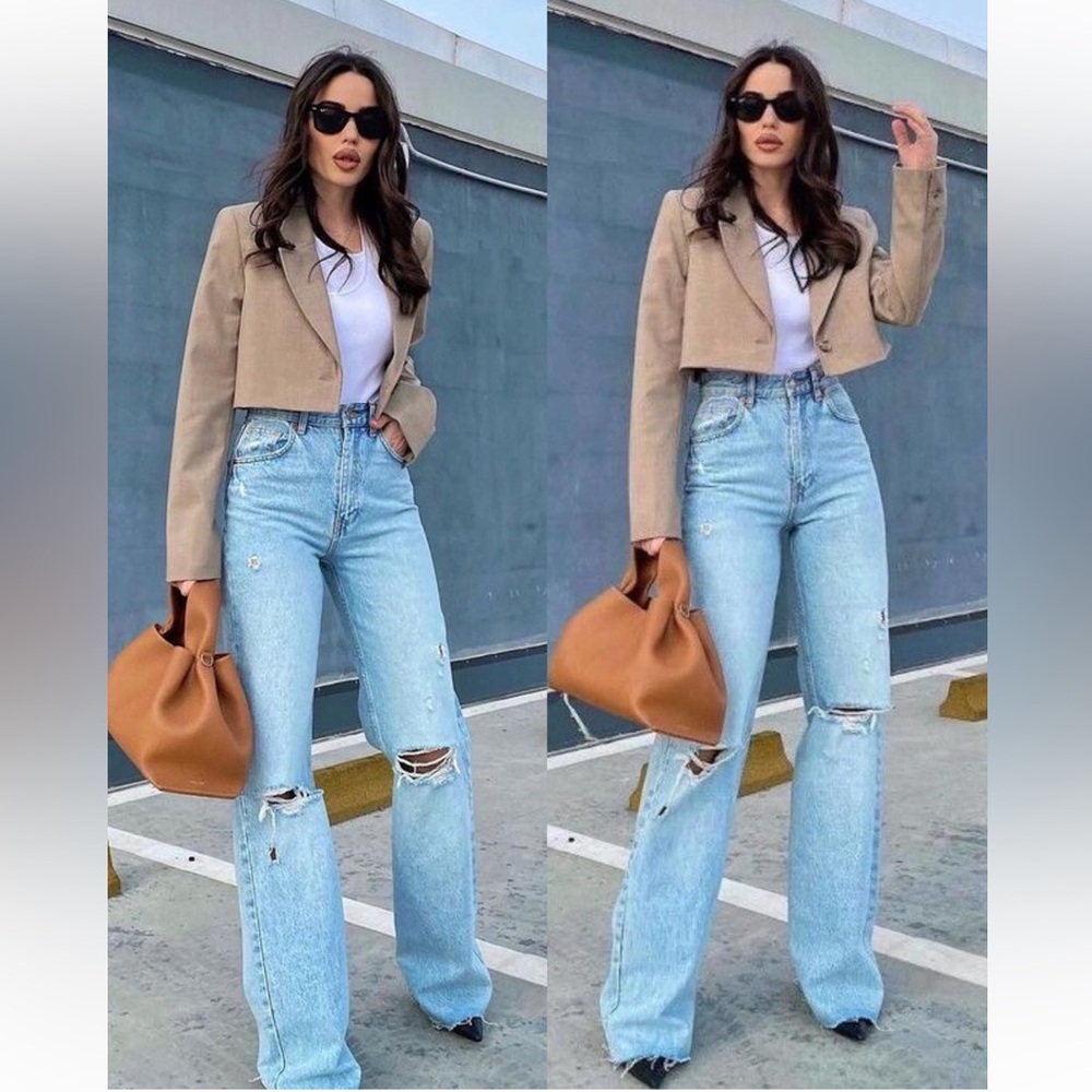 ZARA High Rise‎ Wide Leg Distressed Denim Jeans size 2 - Picture 2 of 13
